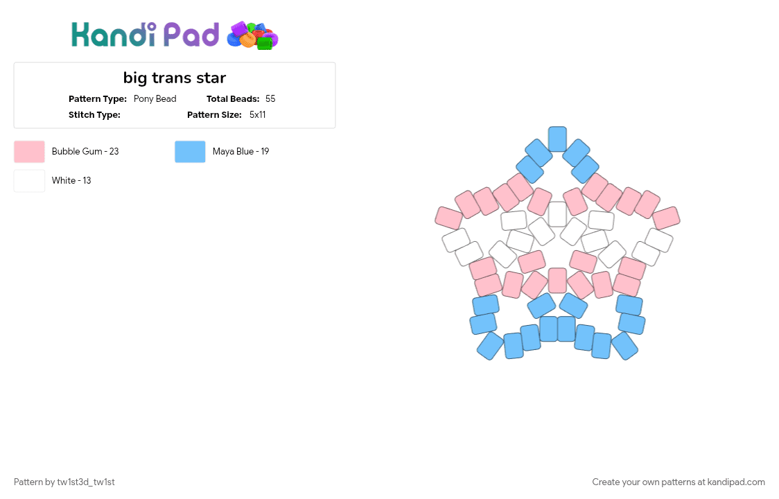 big trans star - Pony Bead Pattern by tw1st3d_tw1st on Kandi Pad - blue, gender, lgbtq, light blue, pink, pride, queer, trans, white