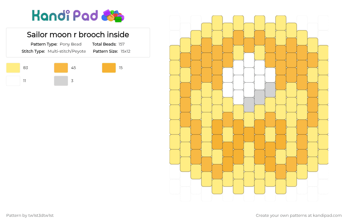 Sailor moon r brooch inside - Pony Bead Pattern by tw1st3d_tw1st on Kandi Pad - brooch, light orange, magical girl, moon, orange, sailor moon, sailor moon r, silver crystal, yellow