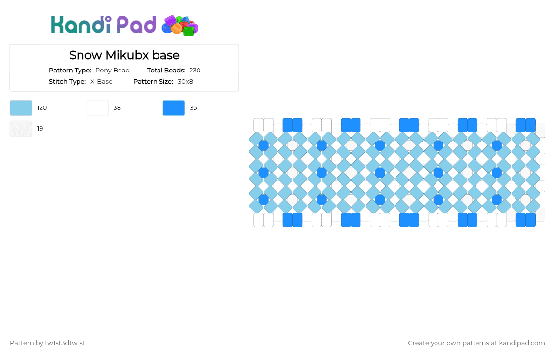 Snow Miku x base - Pony Bead Pattern by tw1st3d_tw1st on Kandi Pad - blue, cute, idol, light blue, miku, snow, snow miku, vocaloid, white, winter