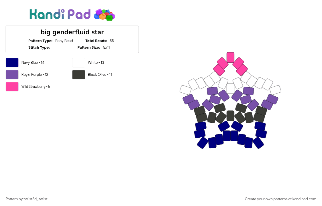 big genderfluid star - Pony Bead Pattern by tw1st3d_tw1st on Kandi Pad - black, blue, genderfluid, lgbtq, pink, purple, transgender, white