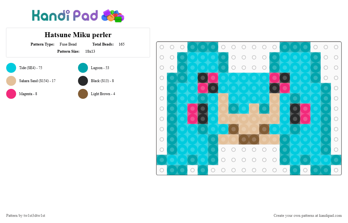 Hatsune Miku perler - Fuse Bead Pattern by tw1st3dtw1st on Kandi Pad - light blue,teal,miku,hatsune miku,blue,cute,small perler
