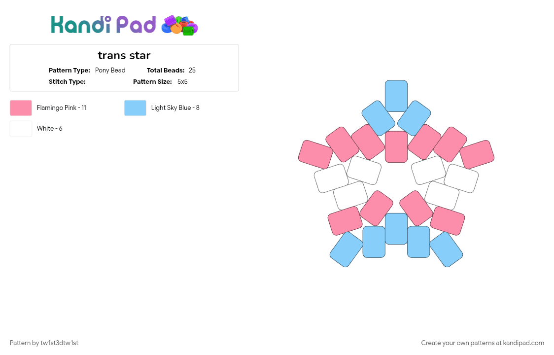 trans star - Pony Bead Pattern by tw1st3d_tw1st on Kandi Pad - blue and pink, cottoncandy, lgbtq, light blue, pink, pride, protect trans lives, queer, trans, transgender