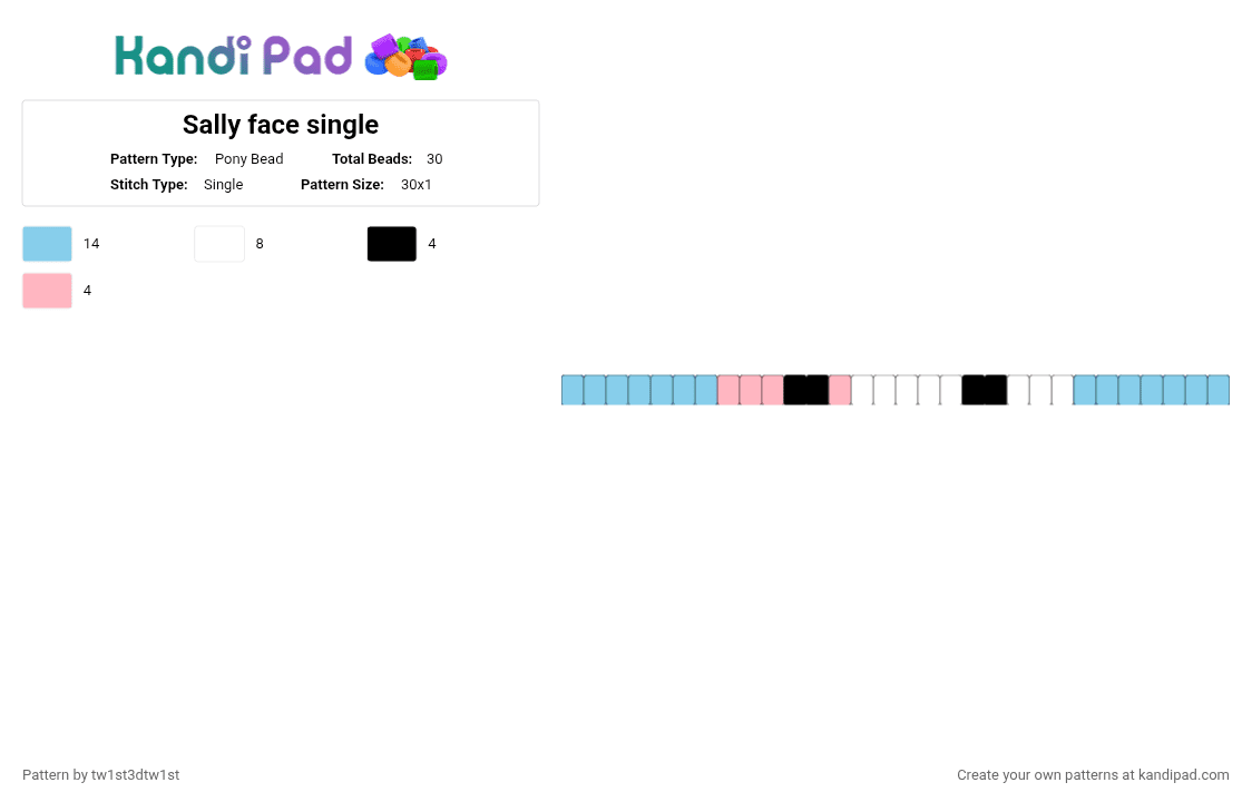 Sally face single - Pony Bead Pattern by tw1st3d_tw1st on Kandi Pad - black, blue, cute, light blue, pink, sal, sally face, video games, white