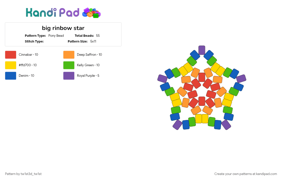big rinbow star - Pony Bead Pattern by tw1st3d_tw1st on Kandi Pad - blue, colorful, green, orange, purple, rainbow, red, star, yellow