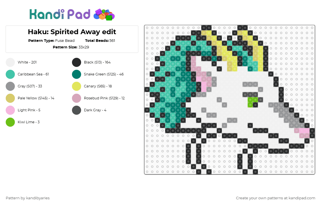 Haku: Spirited Away edit - Fuse Bead Pattern by kandibyaries on Kandi Pad - white,gray,teal,spirited away,studio ghibli,anime,haku