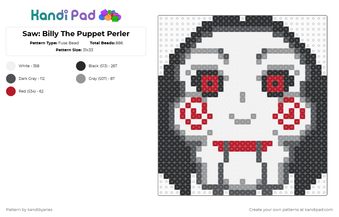 Saw: Billy The Puppet Perler - Fuse Bead Pattern by kandibyaries on Kandi Pad - gray,scary,movie,saw,perler