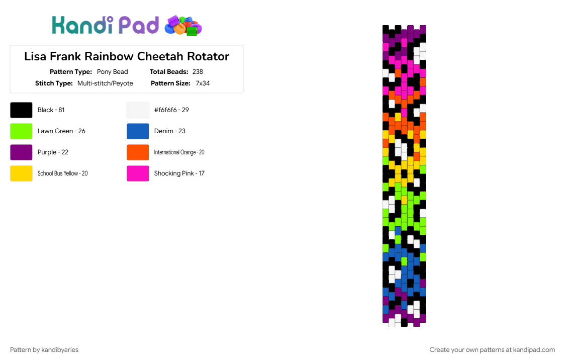 Lisa Frank Rainbow Cheetah Rotator - Pony Bead Pattern by kandibyaries on Kandi Pad - cheetah print, colorful, green, lisa frank inspired, pink, rainbow