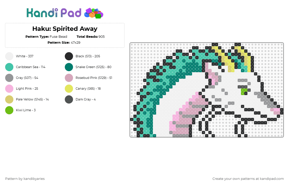 Haku: Spirited Away - Fuse Bead Pattern by kandibyaries on Kandi Pad - white,teal,pink,spirited away,studio ghibli,anime,haku
