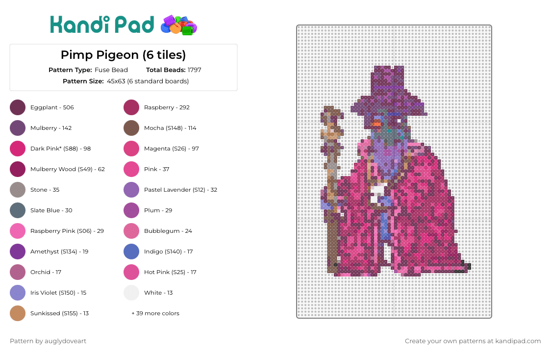 Pimp Pigeon (6 tiles) - Fuse Bead Pattern by auglydoveart on Kandi Pad - pigeon,pimp,bird,whimsical,avian,lavish,style,purple,pink
