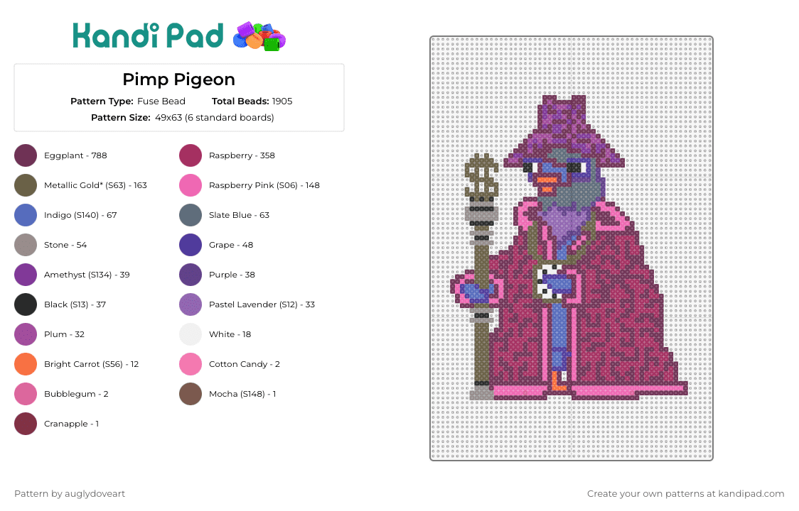 Pimp Pigeon - Fuse Bead Pattern by auglydoveart on Kandi Pad - pigeon,pimp,bird,whimsical,urban wildlife,quirky,purple,pink,staff
