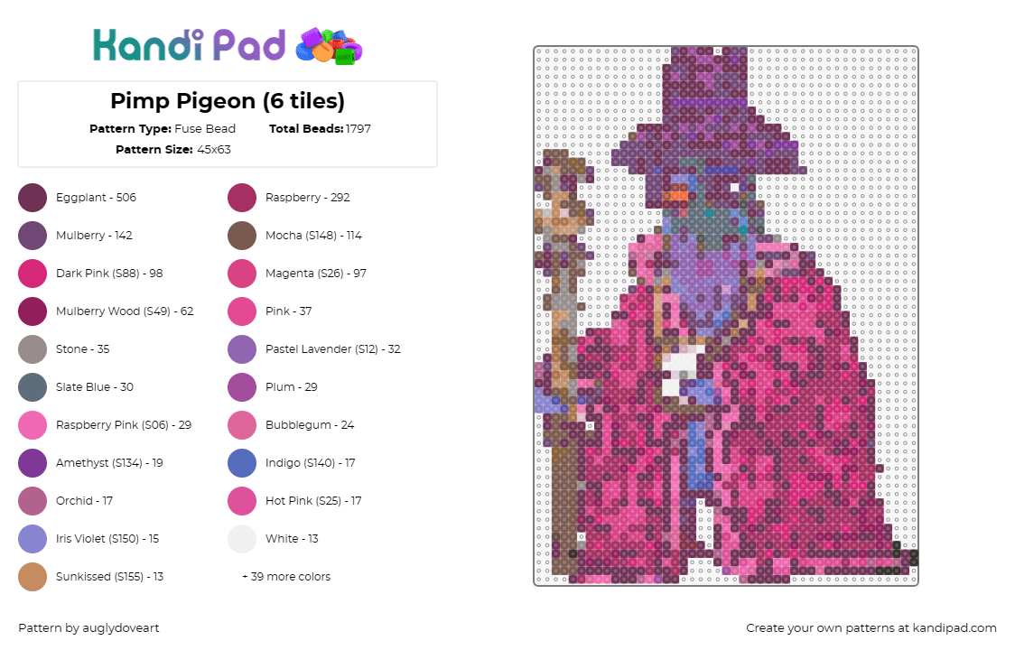 Pimp Pigeon (6 tiles) - Fuse Bead Pattern by auglydoveart on Kandi Pad - pigeon,pimp,bird,costume,hat,funny,robe,purple,pink