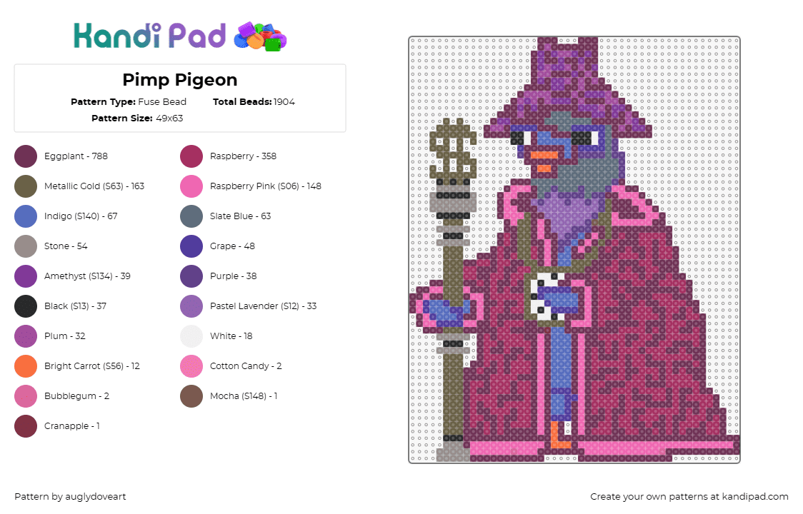 Pimp Pigeon - Fuse Bead Pattern by auglydoveart on Kandi Pad - pigeon,pimp,bird,costume,hat,funny,robe,purple,pink