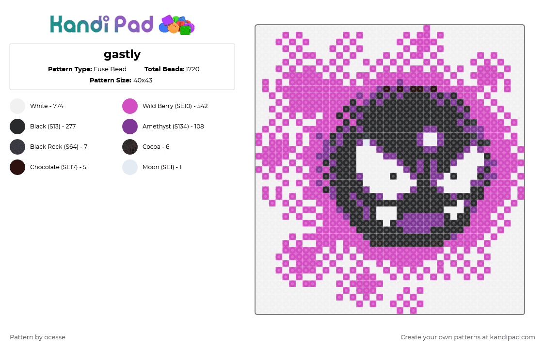 gastly - Fuse Bead Pattern by ocesse on Kandi Pad - white,pink