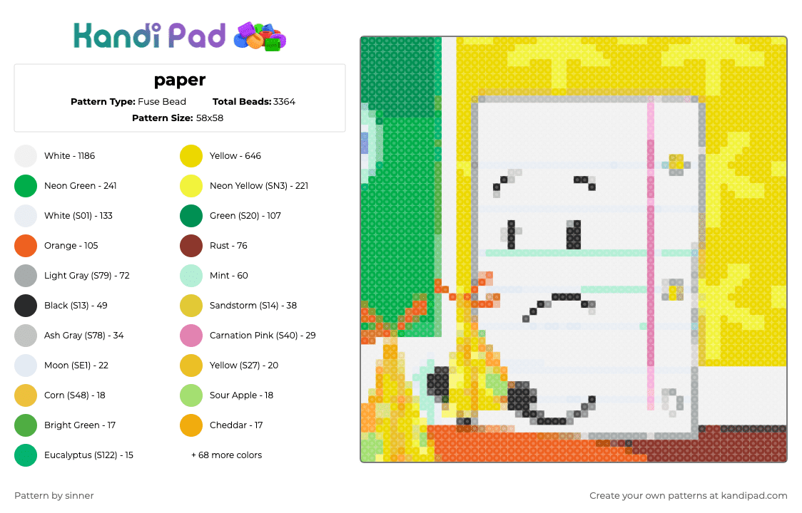 paper - Fuse Bead Pattern by sinner on Kandi Pad - white,green,yellow,orange,ii