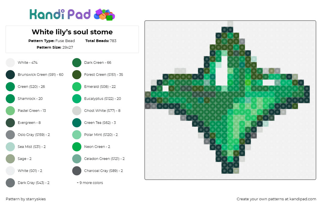 White lily’s soul stome - Fuse Bead Pattern by starryskies on Kandi Pad - white lily,cookie run,soul stone,floral,emblem,mystical,collectible,green