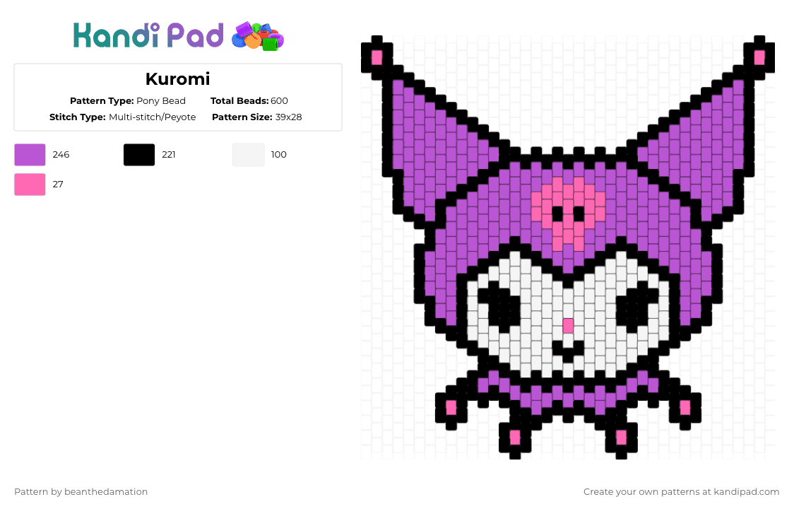 Kuromi - Pony Bead Pattern by beanthedamation on Kandi Pad - pink,white