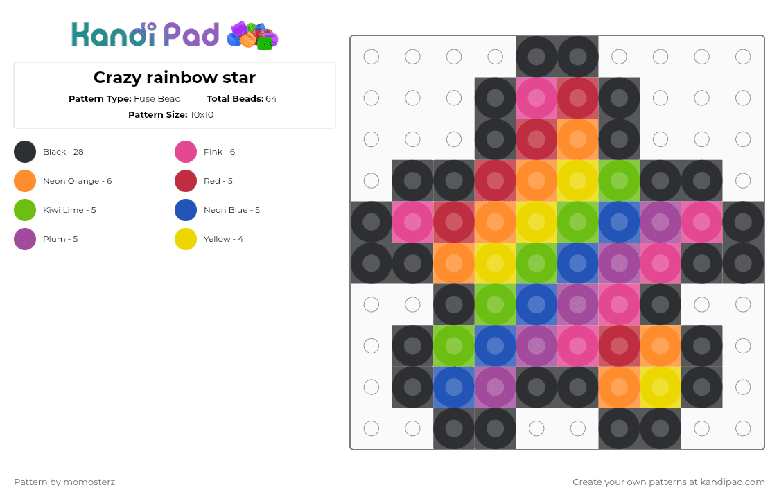 Crazy rainbow star - Fuse Bead Pattern by momosterz on Kandi Pad - black,pink,orange,star,rainbow,small,simple,15x15,10x10