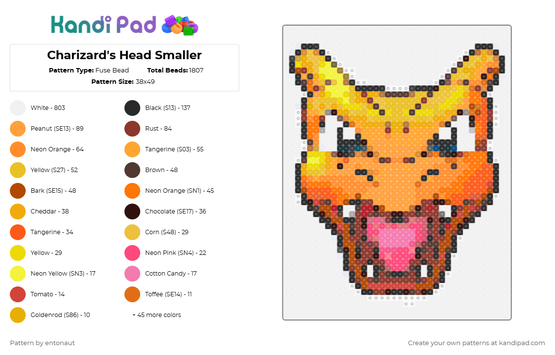 Charizard\'s Head Smaller - Fuse Bead Pattern by entonaut on Kandi Pad - white,orange,yellow,red,colorful,pokemon,charizard