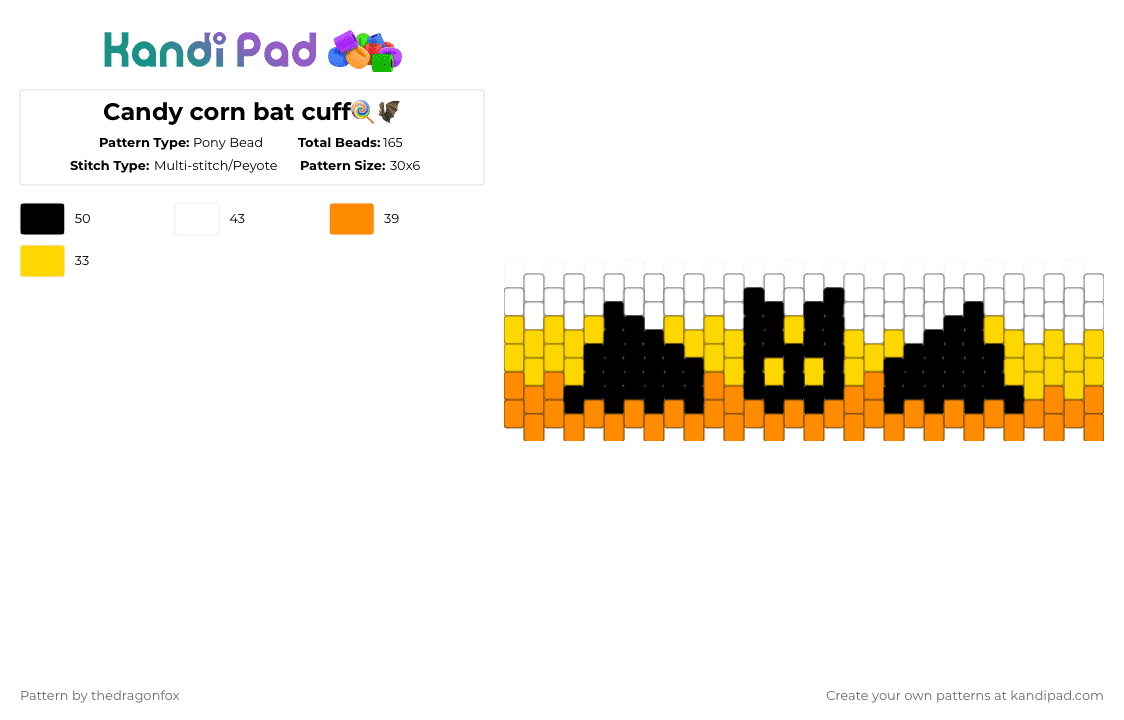 Candy corn bat cuff🍭🦇 - Pony Bead Pattern by thedragonfox on Kandi Pad - orange,yellow