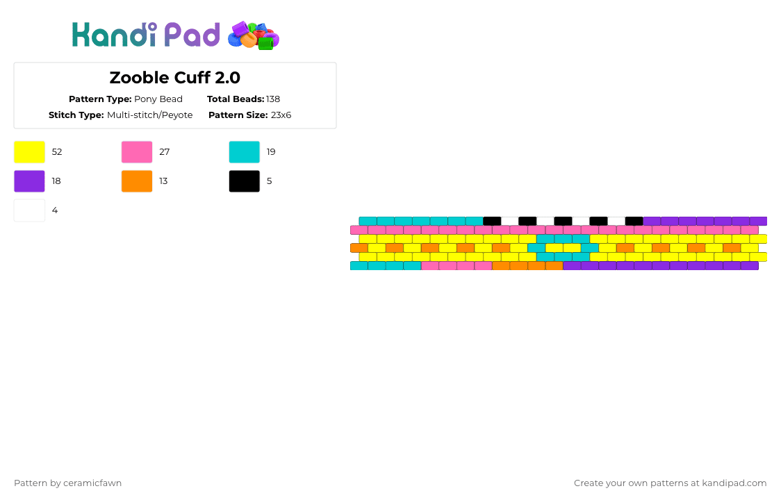 Zooble Cuff 2.0 - Pony Bead Pattern by ceramicfawn on Kandi Pad - pink,yellow,the amazing digital circus,zooble,tadc,zooble tadc,tadc zooble,cuff,beginner