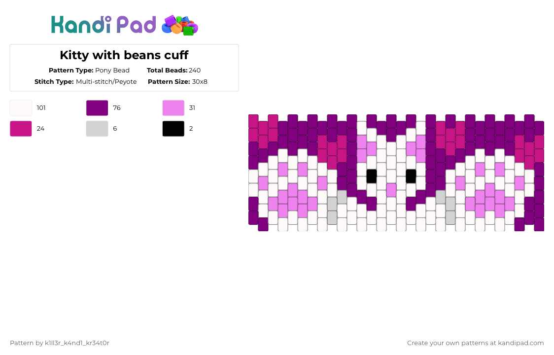 Kitty with beans cuff - Pony Bead Pattern by k1ll3r_k4nd1_kr34t0r on Kandi Pad - white,pink