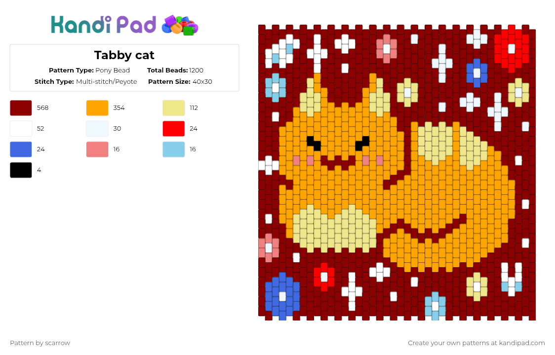 Tabby cat - Pony Bead Pattern by scarrow on Kandi Pad - red,orange