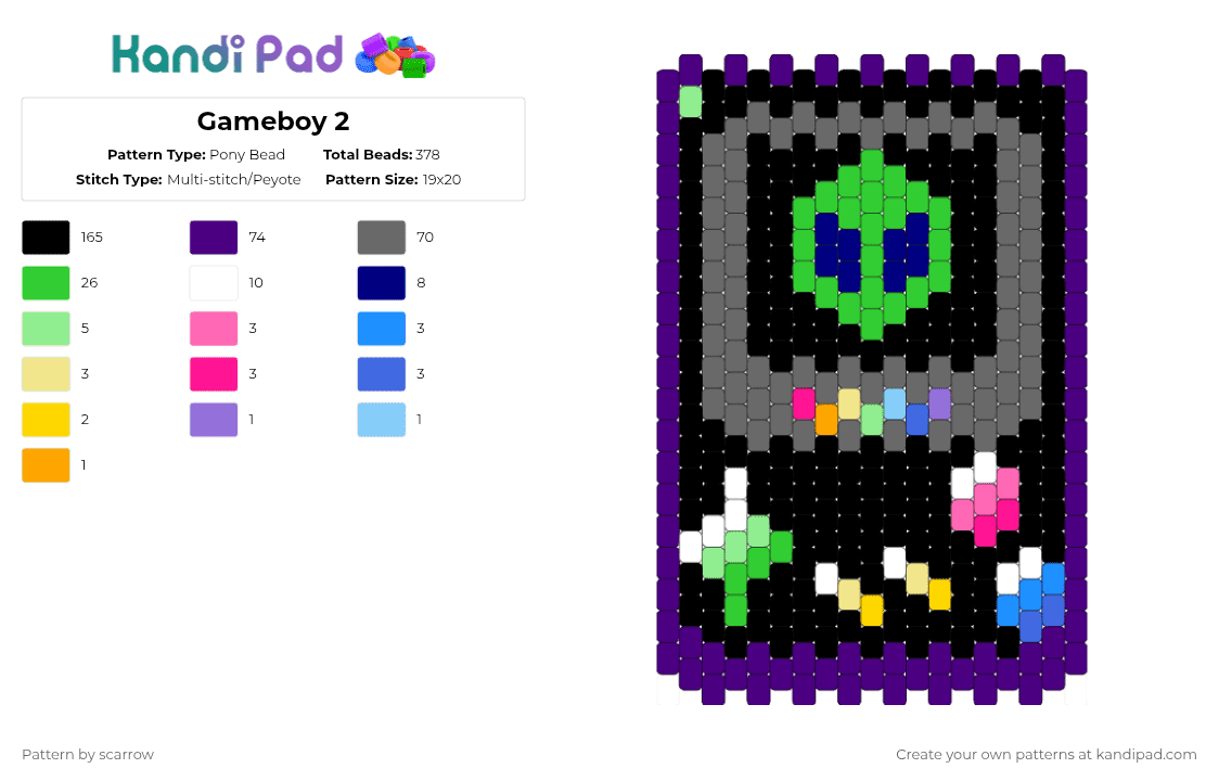 Gameboy 2 - Pony Bead Pattern by scarrow on Kandi Pad - black,gray,purple,green