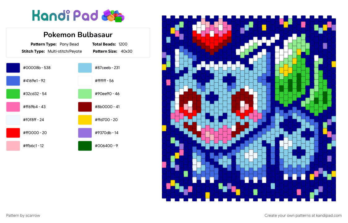 Pokemon Bulbasaur - Pony Bead Pattern by scarrow on Kandi Pad - light blue, purple