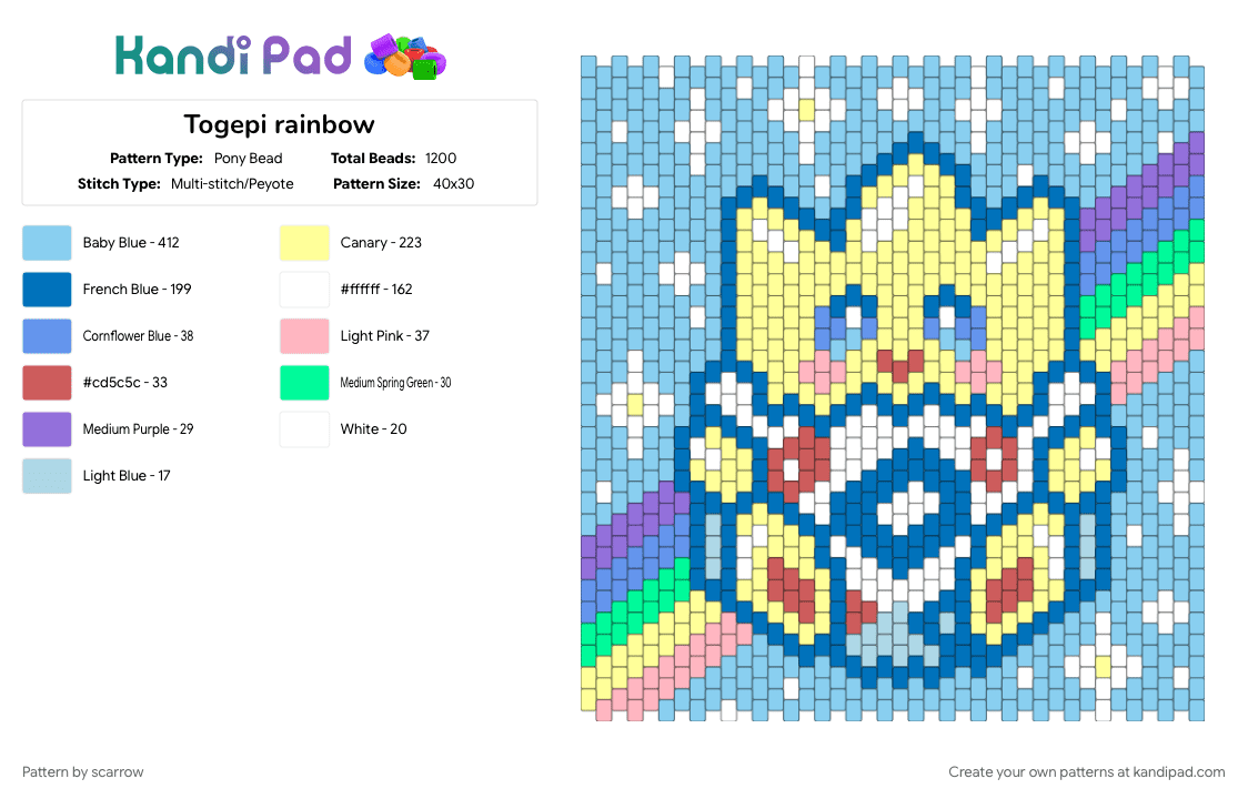 Togepi rainbow - Pony Bead Pattern by scarrow on Kandi Pad - blue, cotdkawaii, light blue, yellow