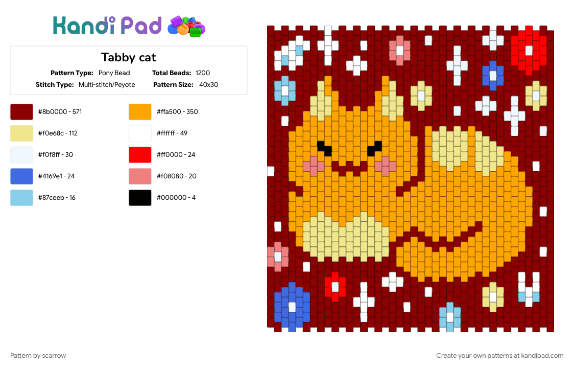 Tabby cat - Pony Bead Pattern by scarrow on Kandi Pad - orange, red