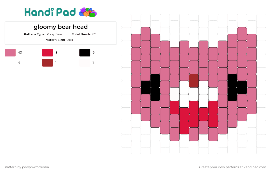gloomy bear head - Pony Bead Pattern by powpowforrussia on Kandi Pad - gloomy bear,charm,head,pink