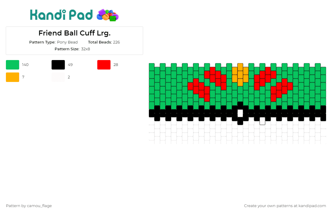 Friend Ball Cuff Lrg. - Pony Bead Pattern by camou_flage on Kandi Pad - pokemon,poke ball,friend ball,cuff