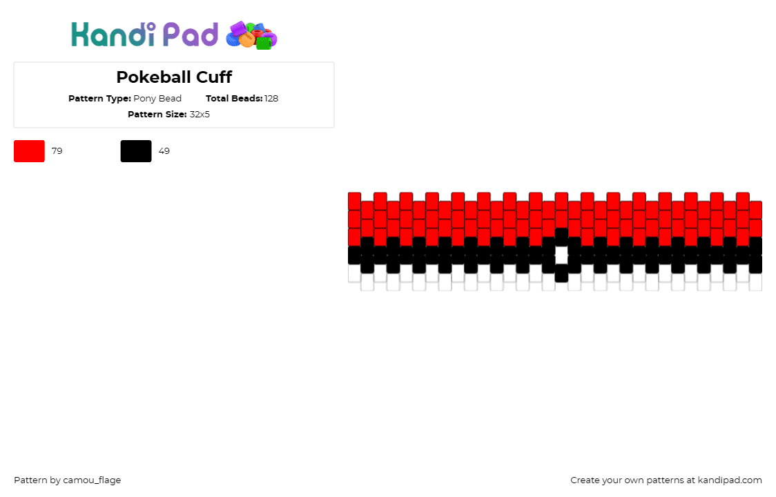 Pokeball Cuff - Pony Bead Pattern by camou_flage on Kandi Pad - pokeball,pokemon,gaming,cuff,red