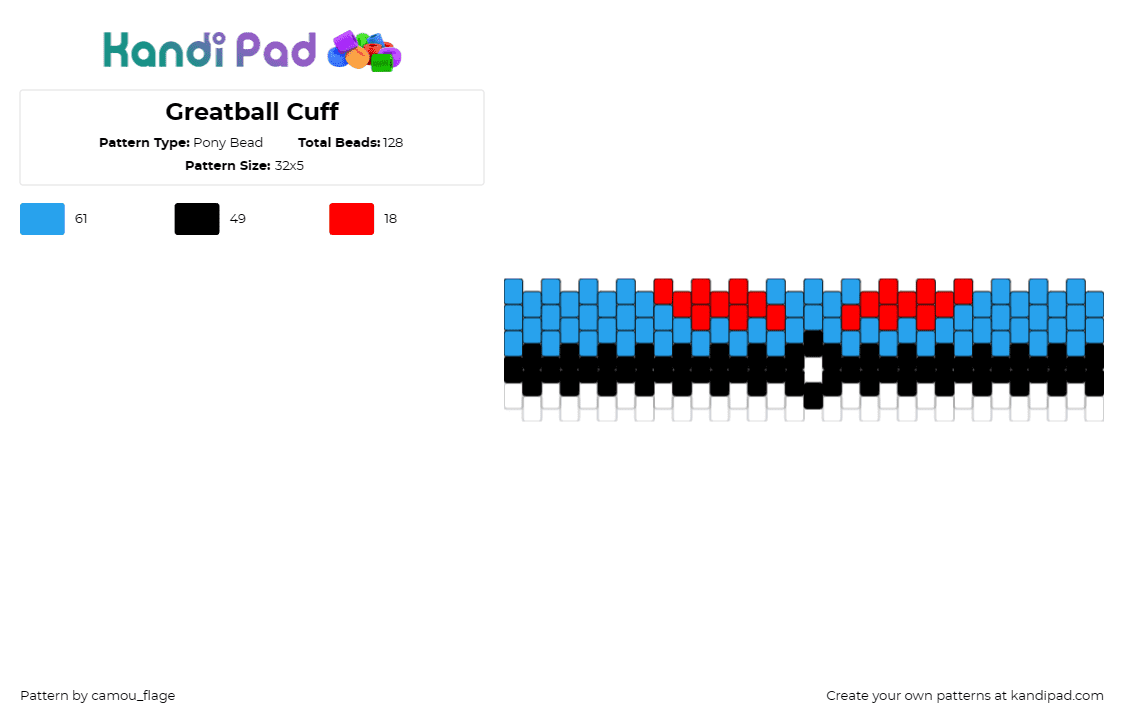 Greatball Cuff - Pony Bead Pattern by camou_flage on Kandi Pad - great ball,pokeball,pokemon,gaming,cuff,blue,red