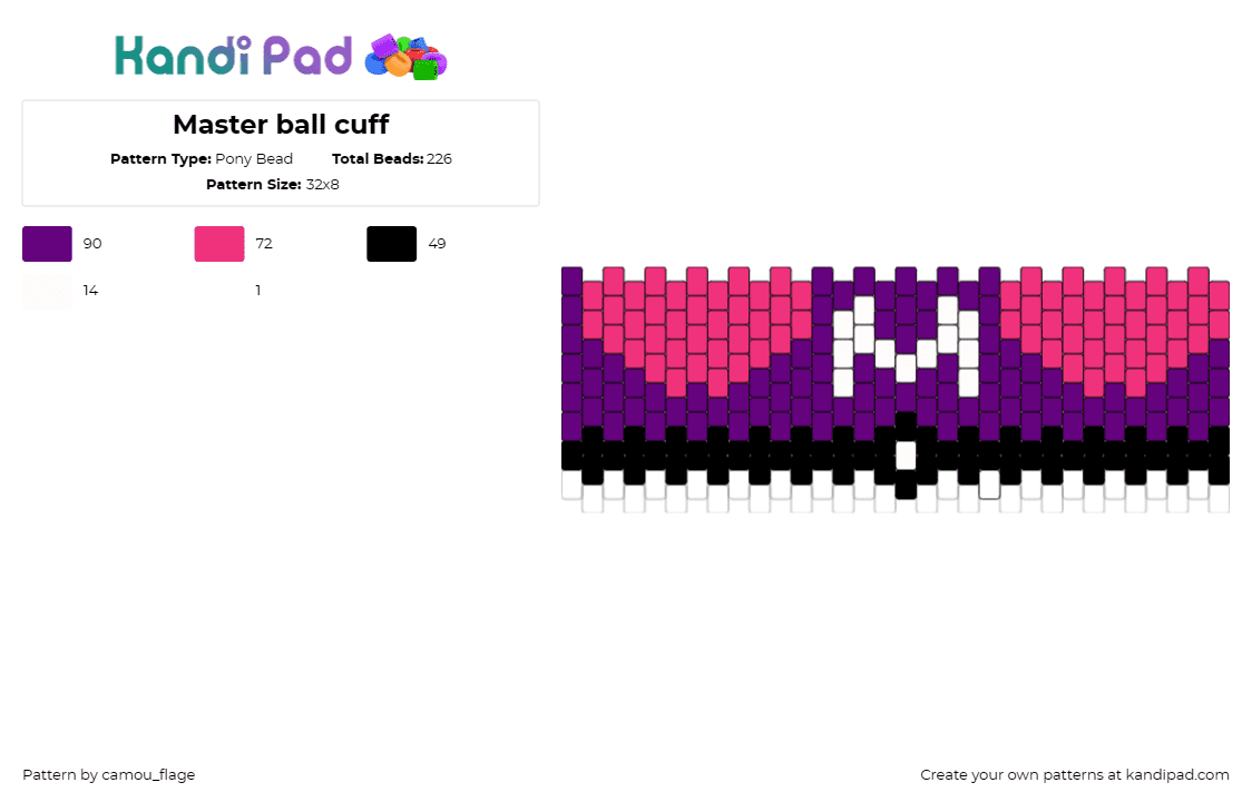 Master ball cuff - Pony Bead Pattern by camou_flage on Kandi Pad - master ball,pokeball,pokemon,gaming,cuff,purple,pink