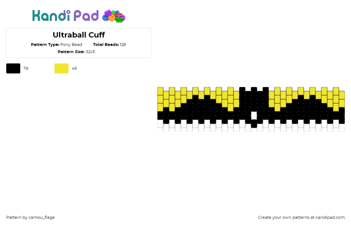 Ultraball Cuff - Pony Bead Pattern by camou_flage on Kandi Pad - ultra ball,pokeball,pokemon,gaming,cuff,yellow,black