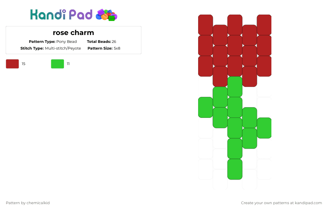 rose charm - Pony Bead Pattern by chemicalkid on Kandi Pad - red,green,rose,flower,charm