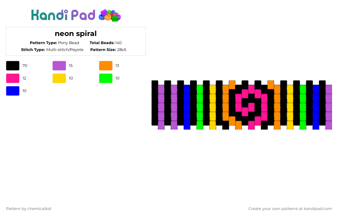 neon spiral - Pony Bead Pattern by chemicalkid on Kandi Pad - black,pink,orange,neon,colorful,rainbow,scene,cuff,multistitch