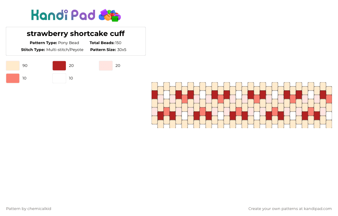 strawberry shortcake cuff - Pony Bead Pattern by chemicalkid on Kandi Pad - beige,cotddessertsfancy,strawberry,cake,pink,fruit,dessert,cuff