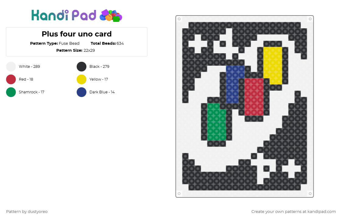 Plus four uno card - Fuse Bead Pattern by dustyoreo on Kandi Pad - white,yellow,red,green,card games,uno