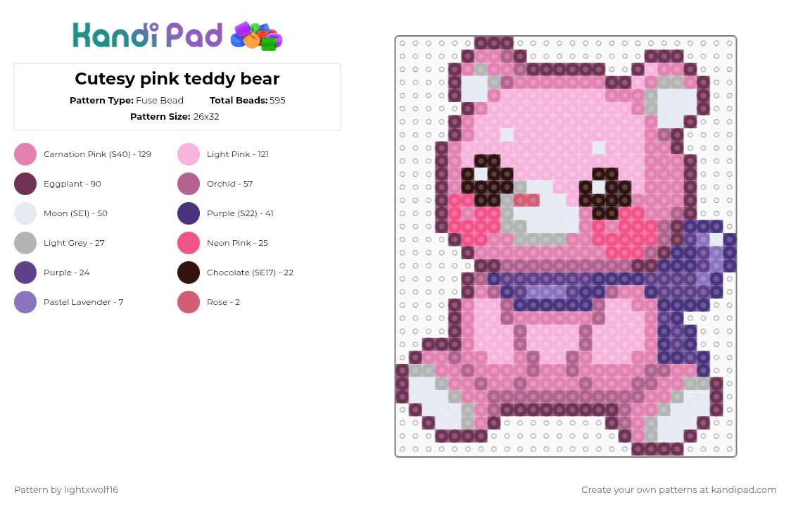 Cutesy pink teddy bear - Fuse Bead Pattern by lightxwolf16 on Kandi Pad - pink