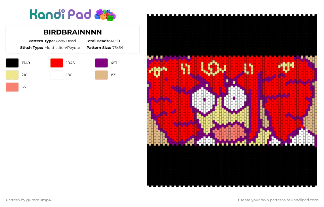 BIRDBRAINNNN - Pony Bead Pattern by gumm11mp4 on Kandi Pad - black,pink,red