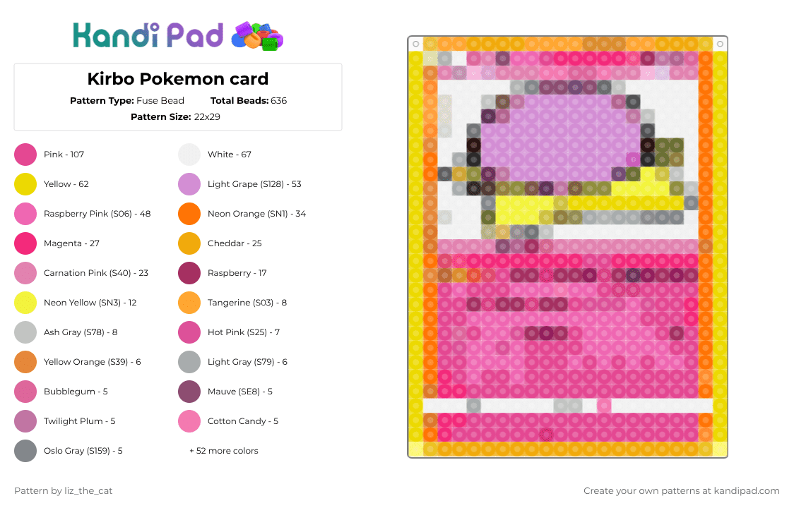 Kirbo Pokemon card - Fuse Bead Pattern by maomao_thepoisoneater on Kandi Pad - yellow,orange,pink