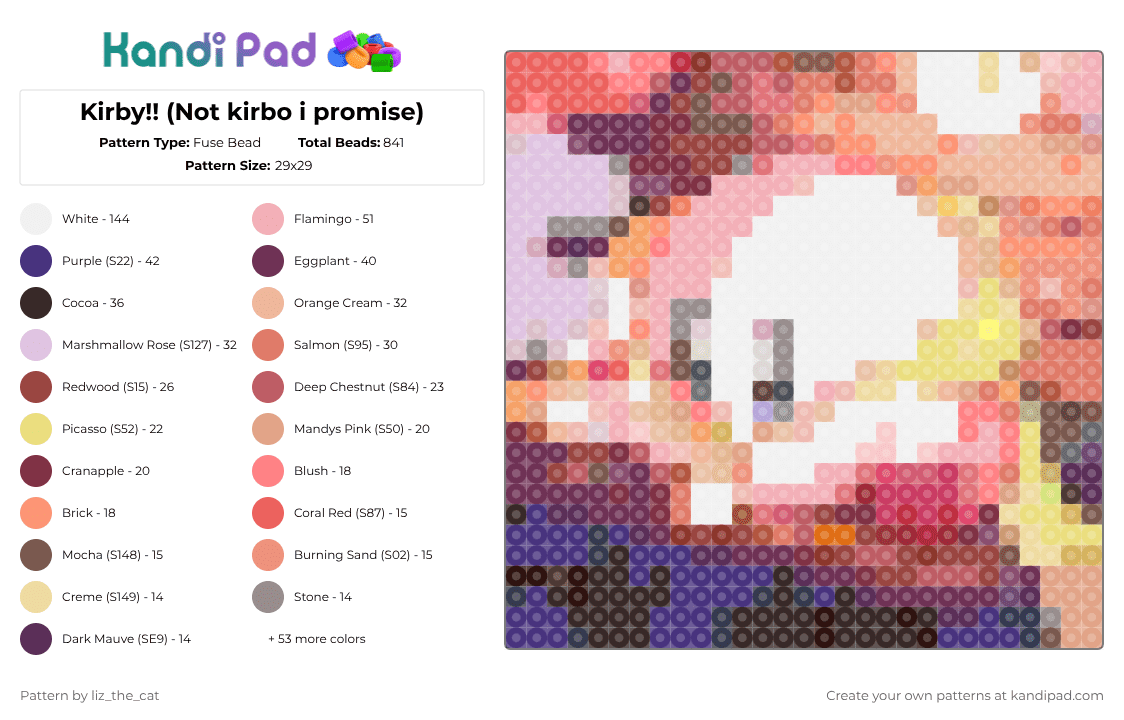 Kirby!! (Not kirbo i promise) - Fuse Bead Pattern by maomao_thepoisoneater on Kandi Pad - red,beige,pink,colorful