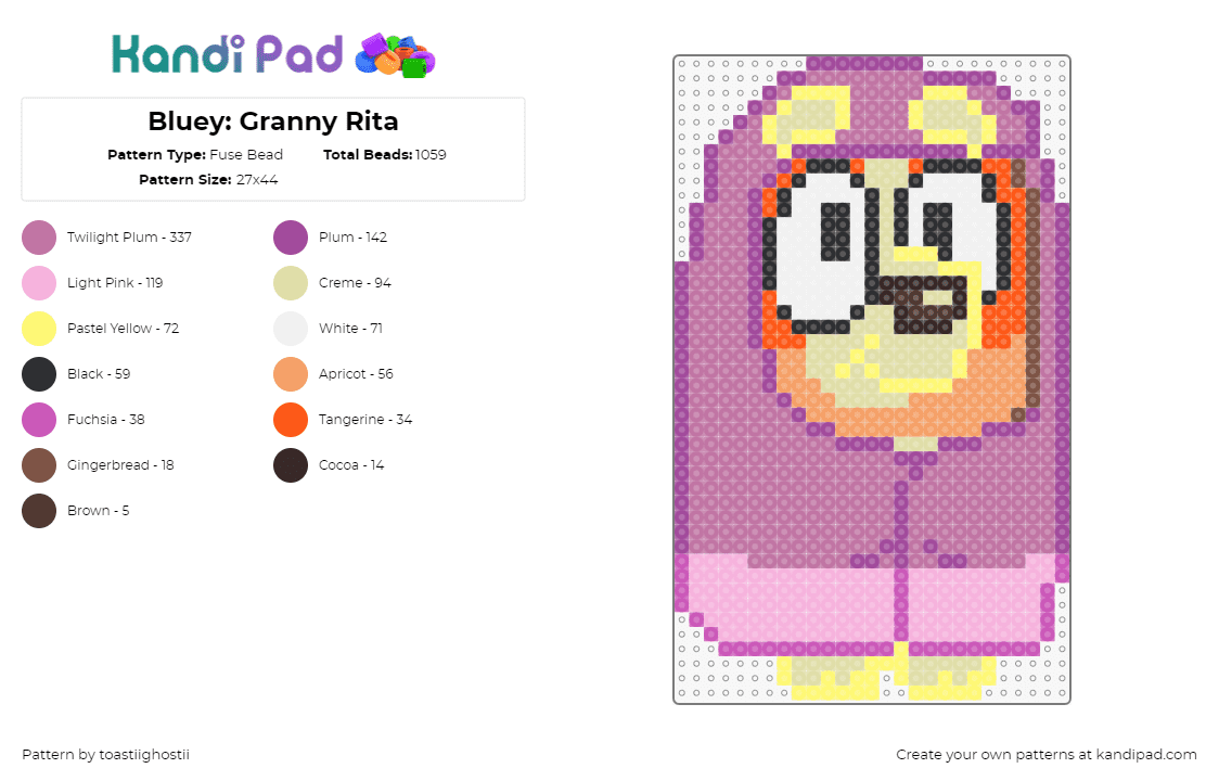 Bluey: Granny Rita - Fuse Bead Pattern by toastiighostii on Kandi Pad - granny rita,bingo,bluey,character,cartoon,children,tv show,pink,yellow,orange