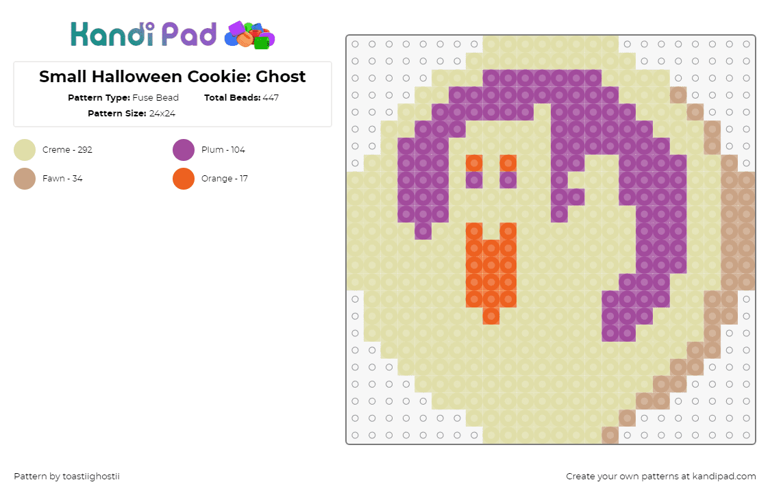 Small Halloween Cookie: Ghost - Fuse Bead Pattern by toastiighostii on Kandi Pad - cookie,ghost,halloween,dessert,spooky,food,beige,purple