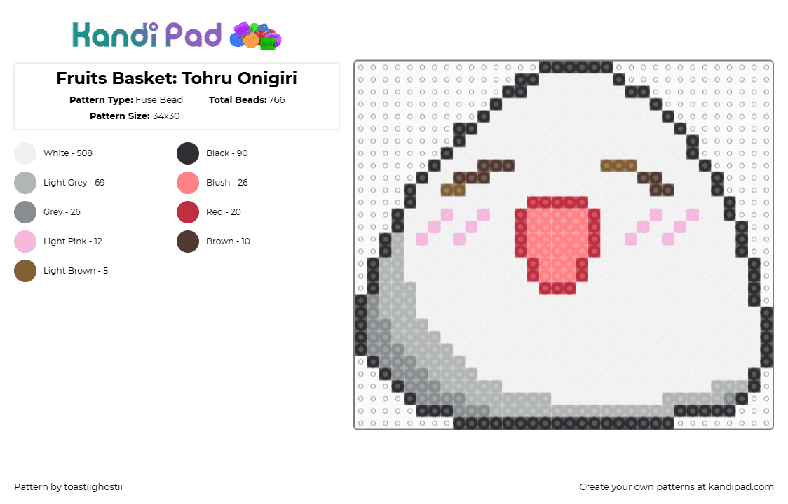 Fruits Basket: Tohru Onigiri - Fuse Bead Pattern by toastiighostii on Kandi Pad - white,red,beige,gray