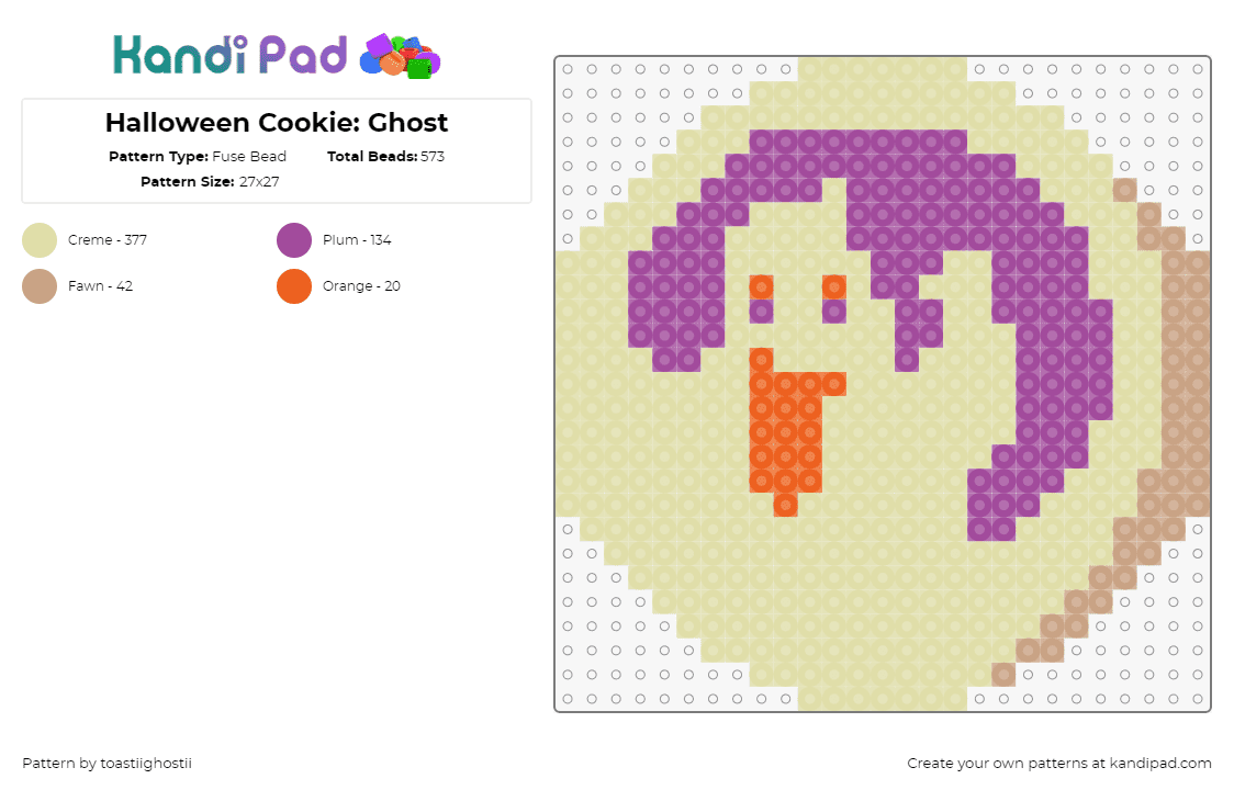 Halloween Cookie: Ghost - Fuse Bead Pattern by toastiighostii on Kandi Pad - cookie,ghost,halloween,dessert,spooky,food,beige,purple