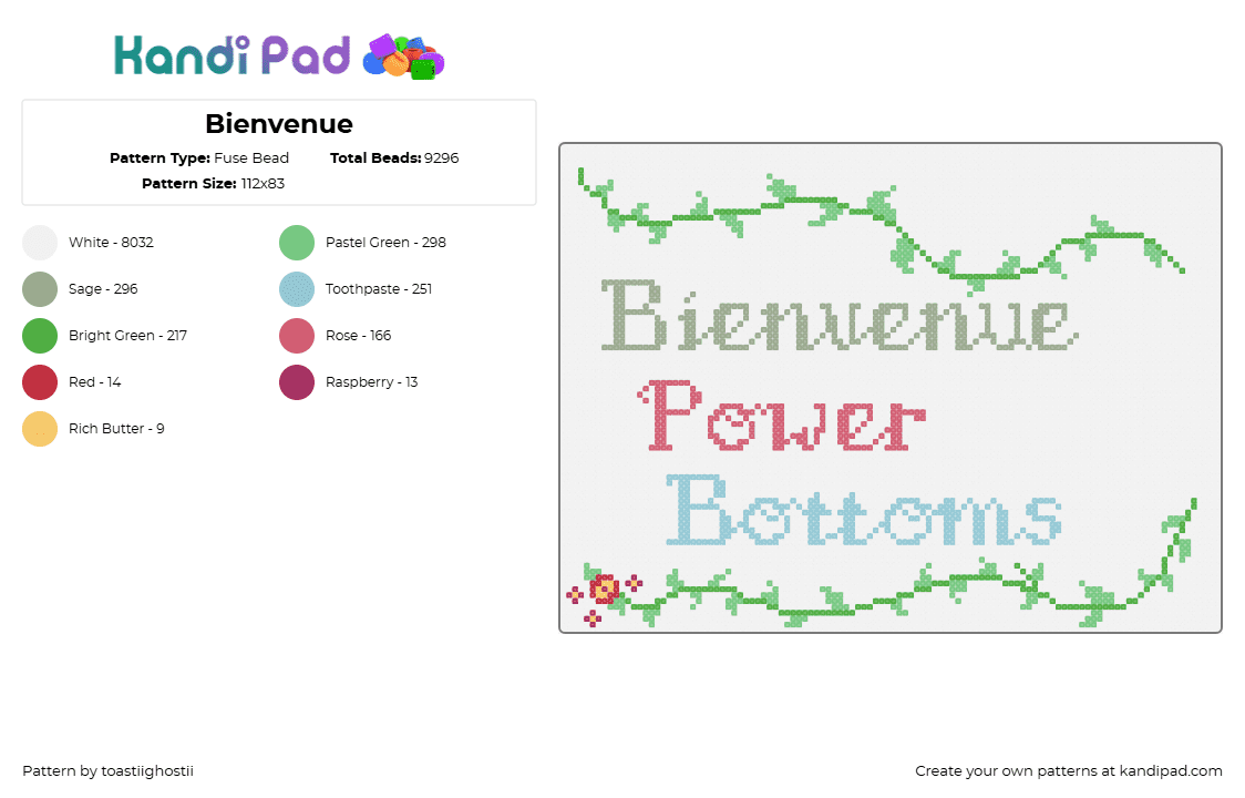 Bienvenue - Fuse Bead Pattern by toastiighostii on Kandi Pad - bienvenue,power bottoms,sign,text,cursive,vine,sign,panel,pride,green