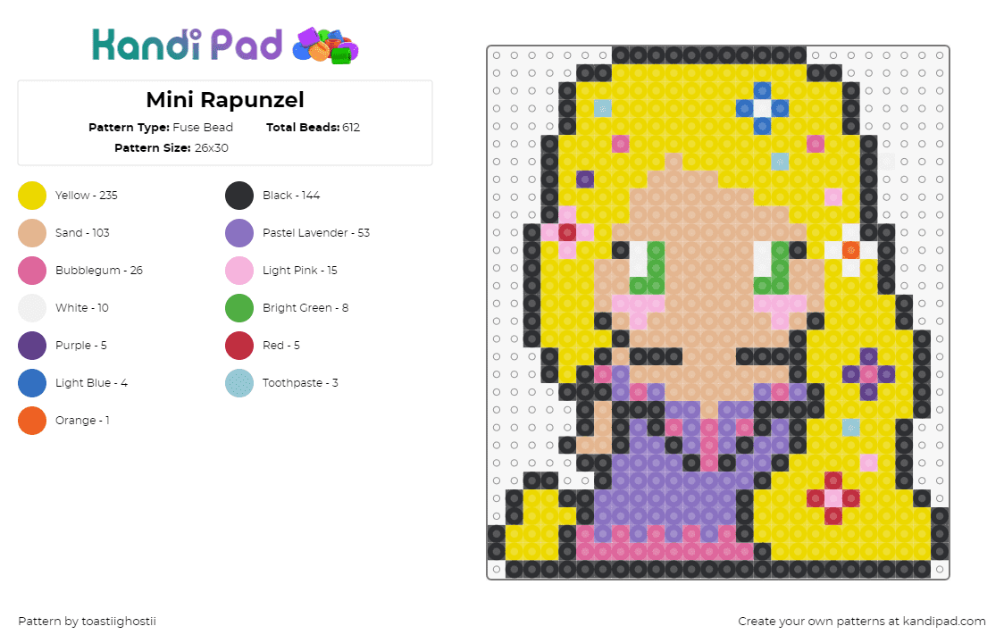 Mini Rapunzel - Fuse Bead Pattern by toastiighostii on Kandi Pad - rapunzel,princess,fairy tale,disney,blonde,character,chibi,movie,yellow,tan,purple